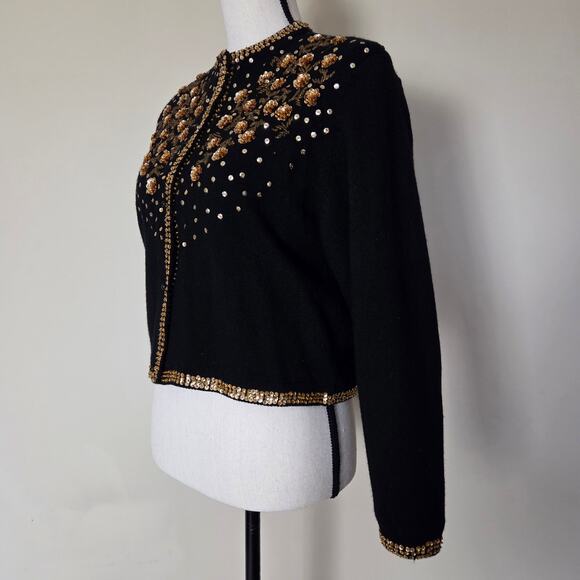 Vintage I Did It M Wool Gold Sequin Beads Short Crop Bolero Lined Sweater Cardi - Picture 6 of 16